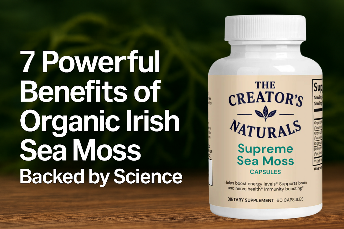 Organic Irish sea moss on wooden surface with bold text overlay highlighting 7 powerful health benefits