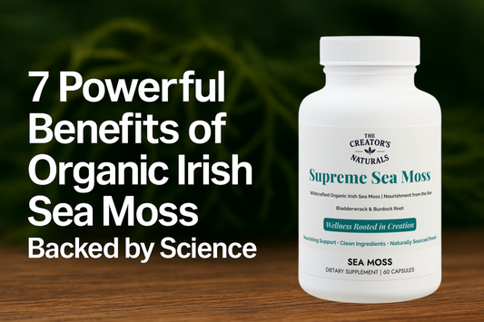 Organic Irish sea moss on wooden surface with bold text overlay highlighting 7 powerful health benefits